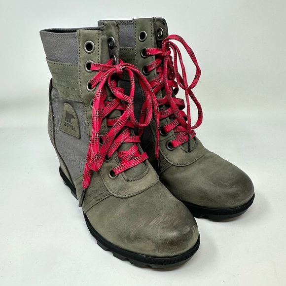 Sorel Lexie Leather Distressed Wedge Waterproof Boots Size 7.5 Grey Olive Green - Picture 4 of 15